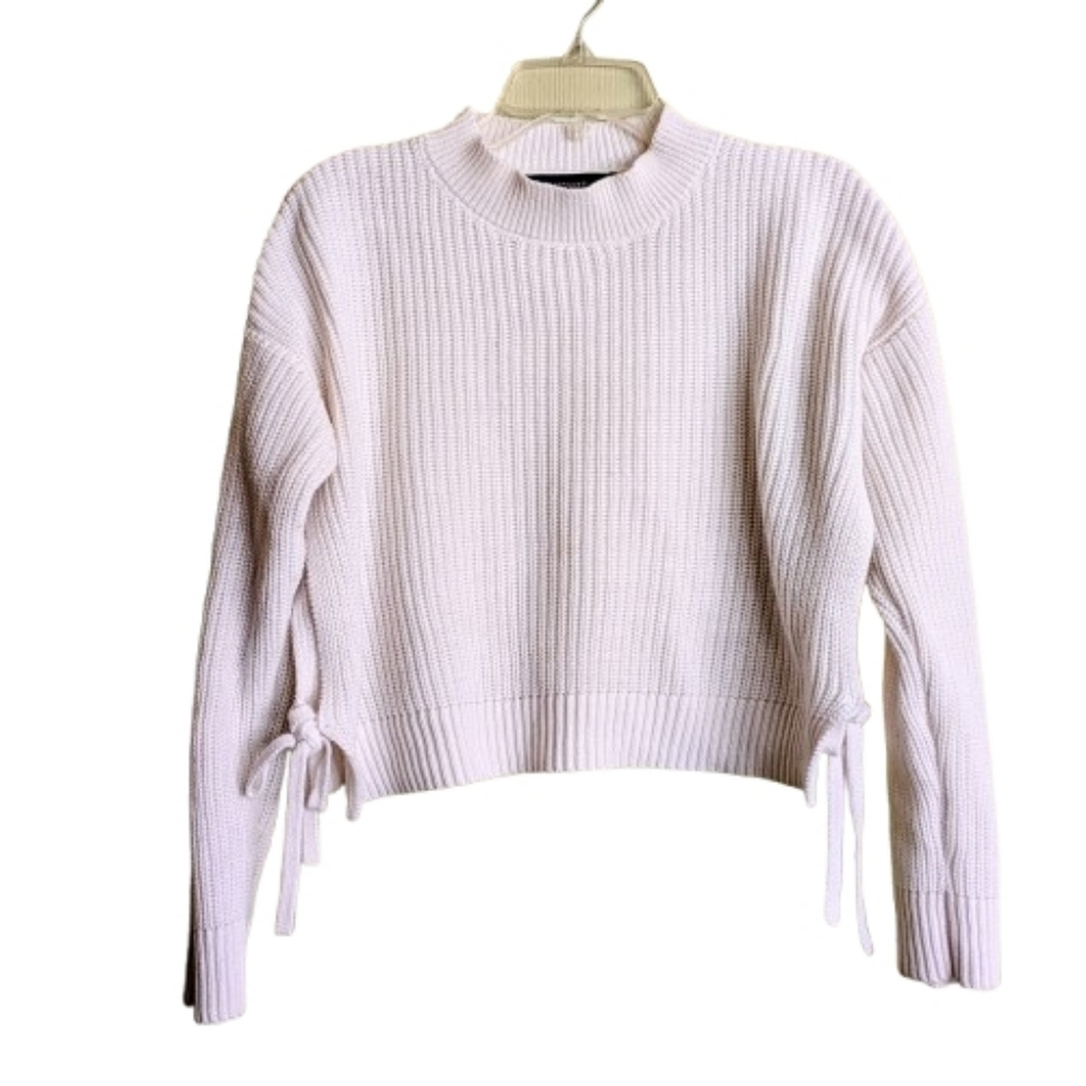 Forever 21 Shaker Knit Sweater Cream Cropped Deep Side Slits With Ties Size S